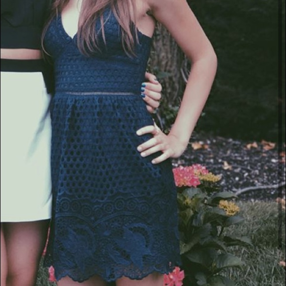 Navy Blue floral cut out dress.